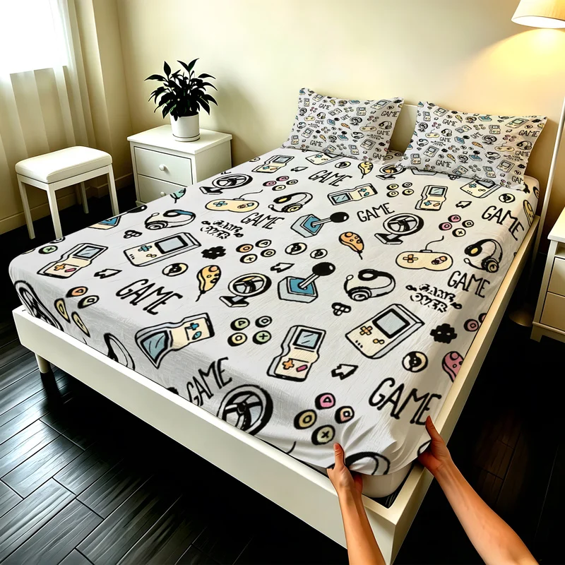 3Pcs Microfiber Fitted Sheet Set,Deep Pocket,Durable,Multi-Sizes,Retro Gaming Console Motif,Modern Bedroom Decor