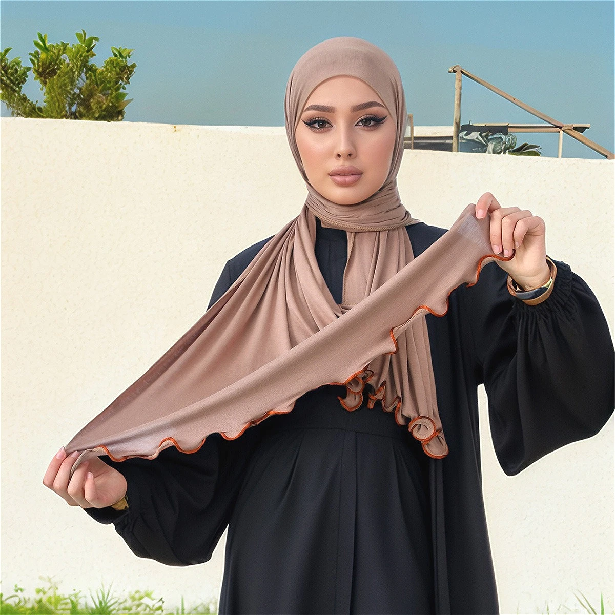 

Новый шарф-хиджаб с волнистыми краями, однотонные мусульманские длинные шарфы, тюрбан, шаль, эластичный мерсеризованный хлопок, арабские повязки на голову, Саудовские хиджабы