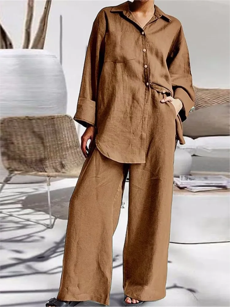 New Cotton And Linen Pant Sets Women Autumn Winter Casual Style Solid Color Loose Wide Legs Pants Two Piece Set Clothing Ladies