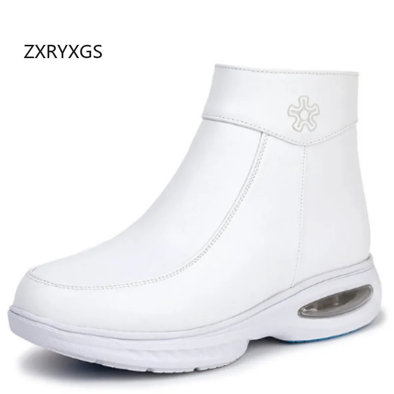 

ZXRYXGS 2025 New Trendy Winter Real Leather White Shoes Nurse Boots Women Air Cushion Boots Comfort Large Size Warm Snow Boots