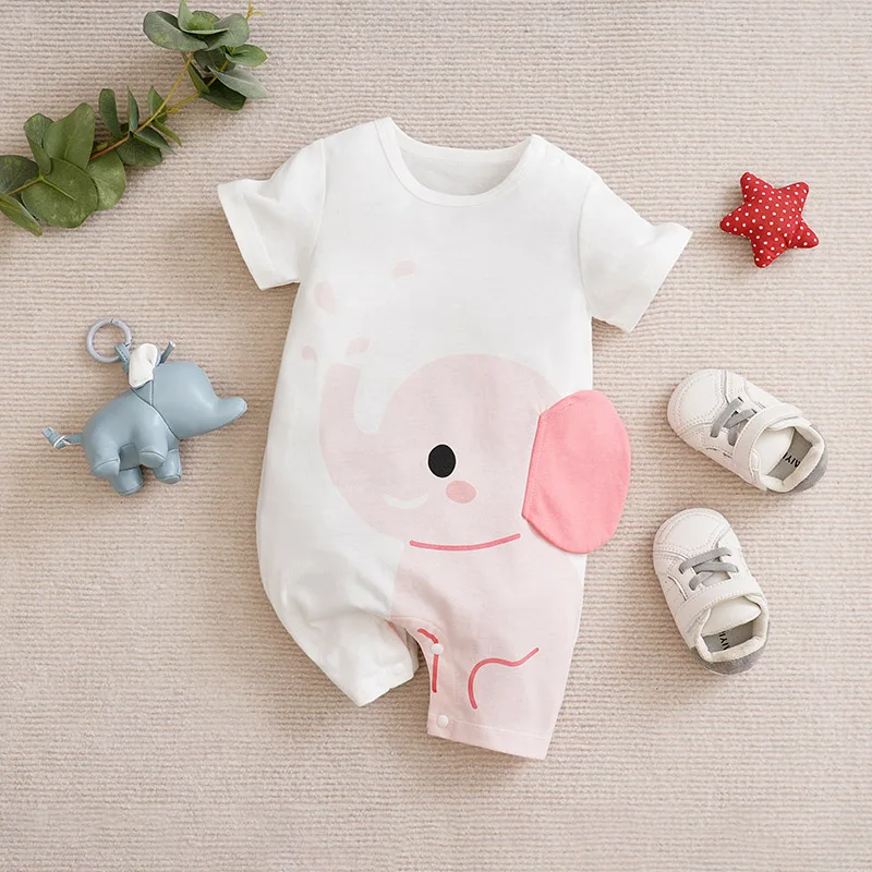 Baby Boys And Girls, Newborn Children\'s Clothing Cute Cartoon Pink Elephant Comfortable Cotton Short Sleeved Summer Jumpsuit