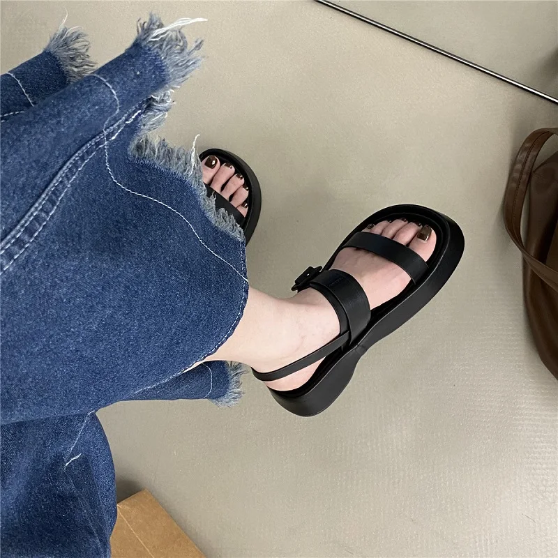 Low Sandals Woman Leather Shoes 2023 Muffins shoe Buckle Clogs With Heel Suit Female Beige Low-heeled New Summer Sandalias Mujer