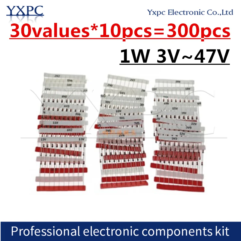 

30 Values*10pcs=300pcs 1W Zener Diode Assorted Kit 3V 3.3V 3.9V 4.7V 5.1V 5.6V 6.2V 6.8V 7.5V 10V 12V 15V 22V 24V 30V 33V 47V