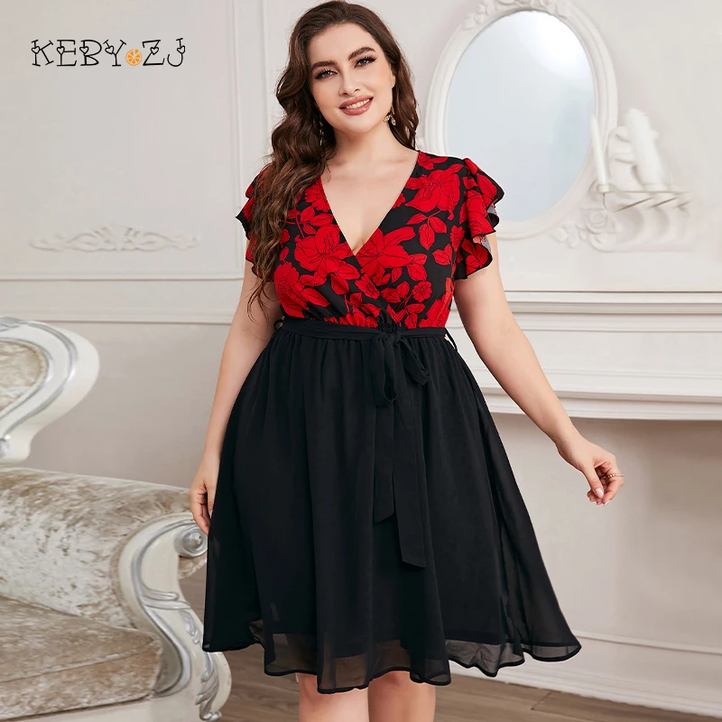 KEBY ZJ Summer Plus Size Women Clothing Black Print V Neck Dress Elegant Lady Casual Sleeveless Female Large Size Floral Dresses