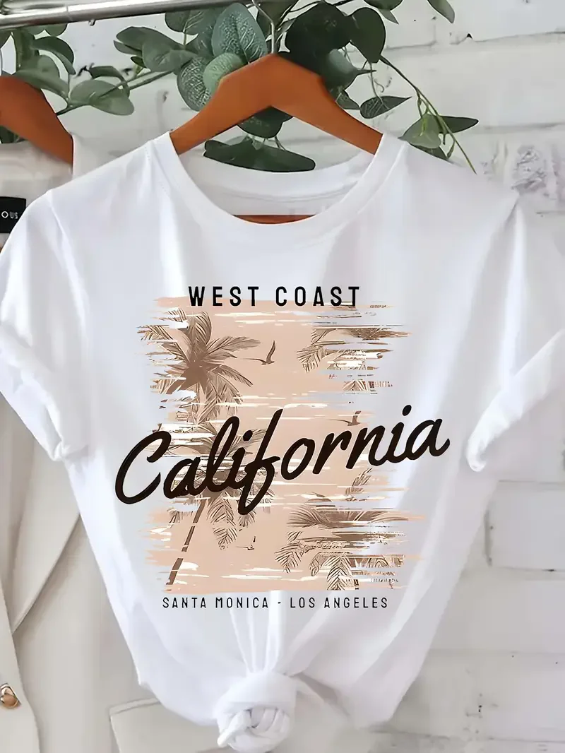 T-shirt à col rond pour femme avec imprimé West Coast California, décontracté, à manches courtes, imprimé lettres, pour le printemps et l'été