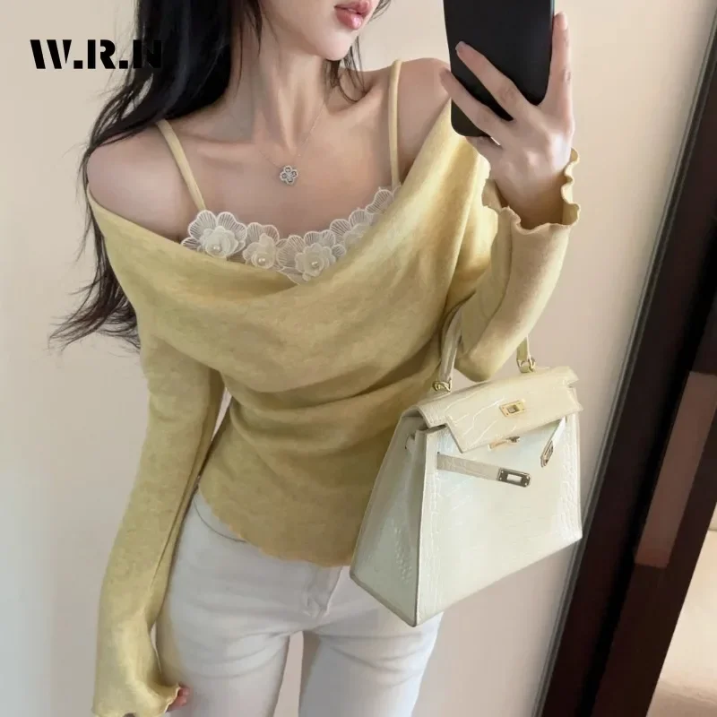 Fairy Sexy Floral Lace Patchwork Long Sleeve Yellow T-Shirts Women's Fashion Hotsweet Club Style Sheath Coquette Tees Tops