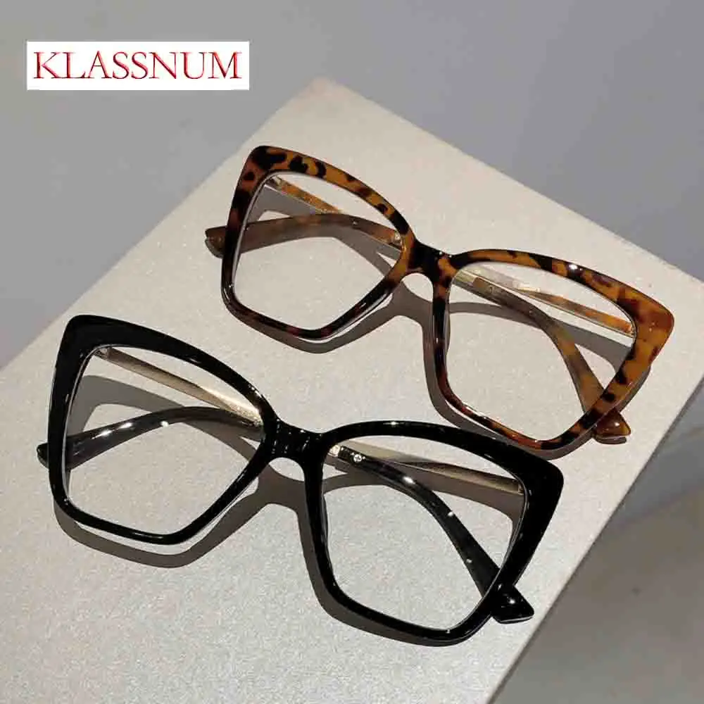 

KLASSNUM New Anti Blue Light Glasses Women Vintage Cats Eye Square Eyewear Oversized Optical Frames Computer Gaming Spectacles