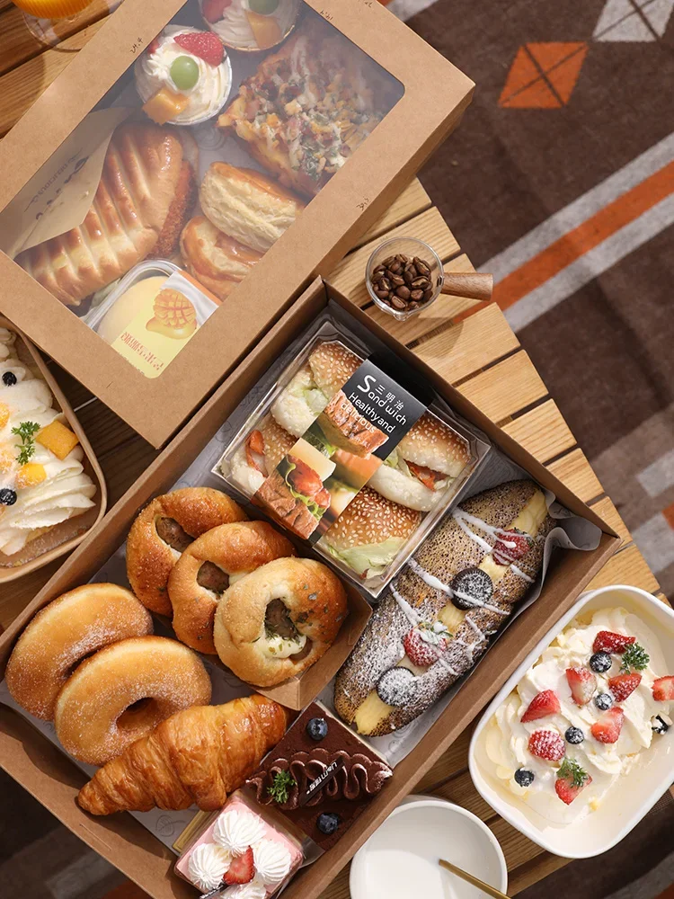 Kraft Paper Afternoon tea picnic box spring outing food tiramisu box bento packing box Christmas Gift Boxes Window Display Box