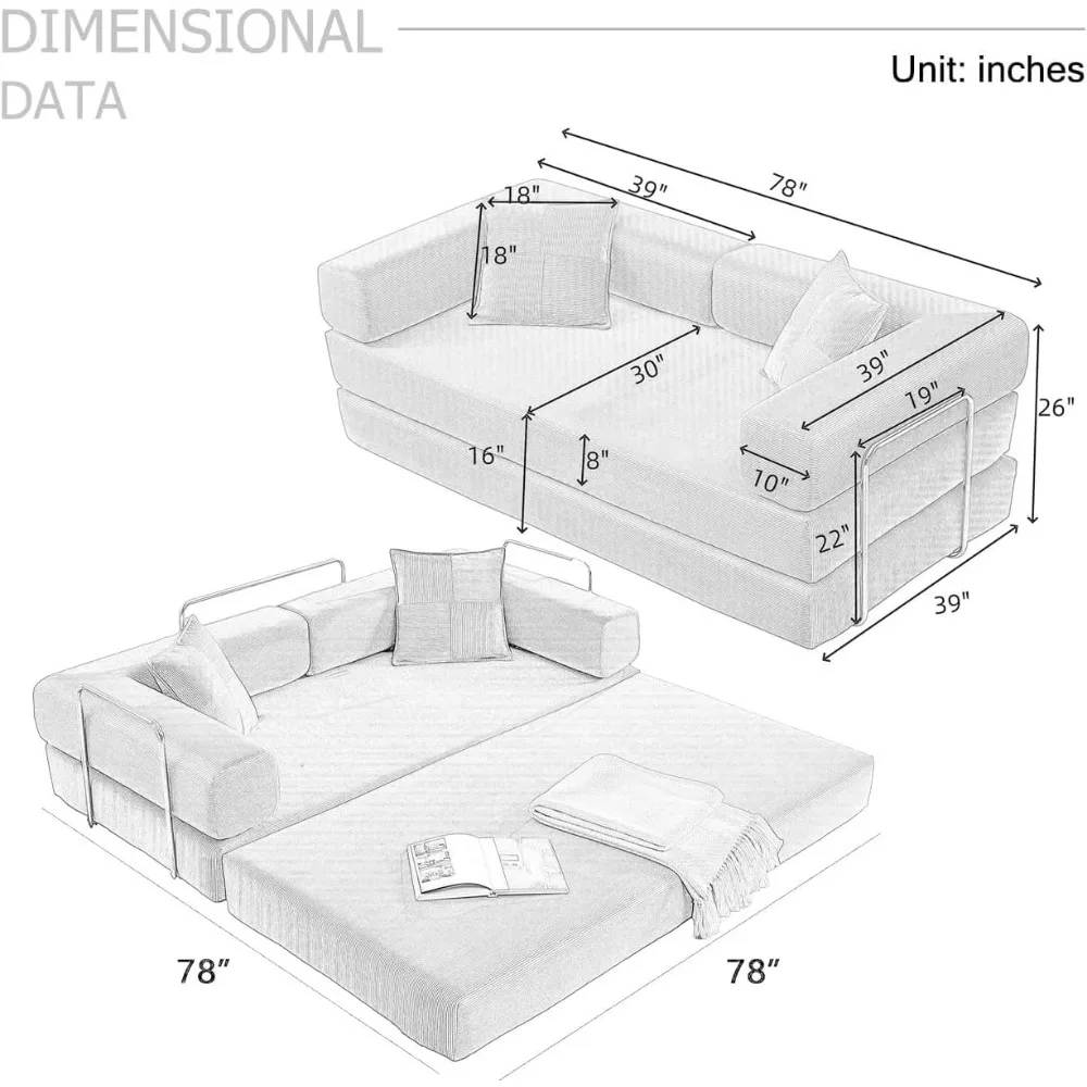 Divano letto da 78 pollici, divano materasso da pavimento pieghevole convertibile, lounge futon con struttura a forma fissa, divano disossato per Comf