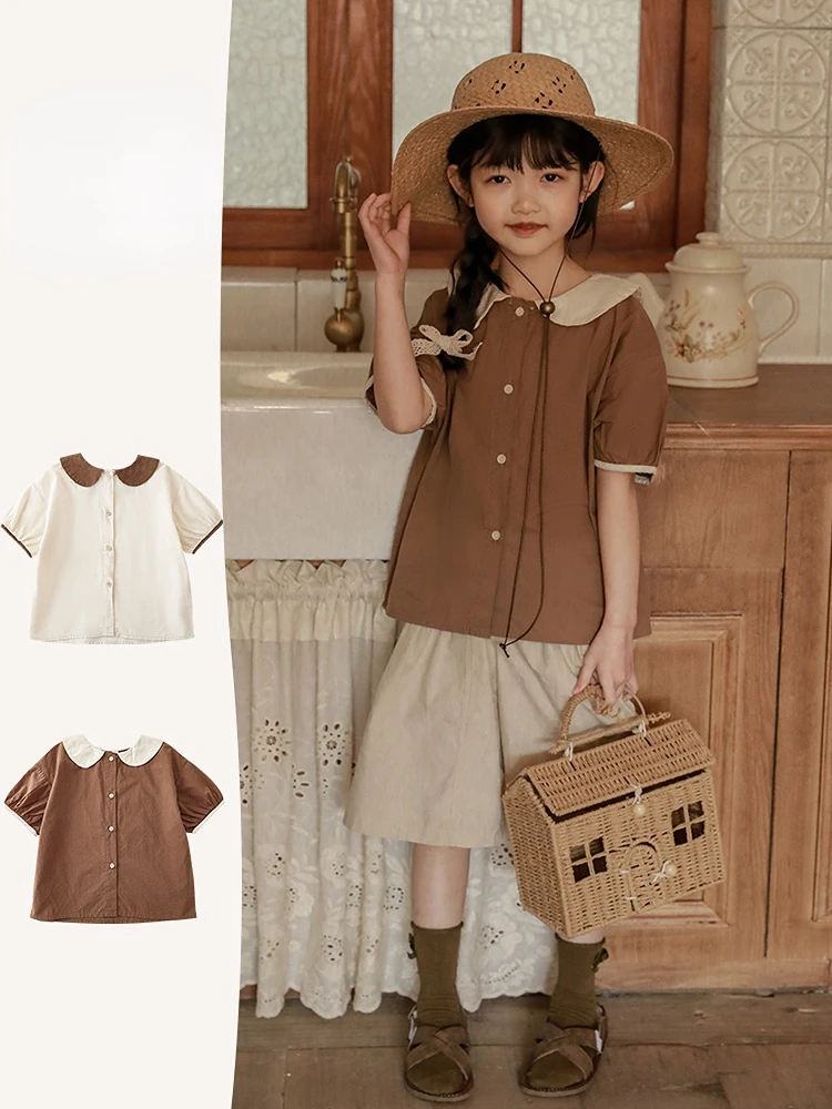 

2023 Summer Girls' New Polo Neck Bubble Short Sleeve Button Shirt Children's Casual Doll Shirt Kids Clothes 4-6y 7-12y Tops