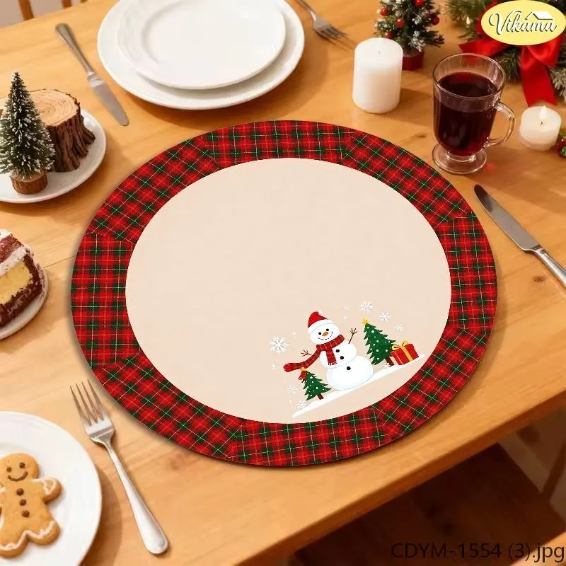 VIKAMA Washable Round Christmas Placemat, Brown Gingerbread Man Santa House Candy Cane Donut Coffee Kids Mat
