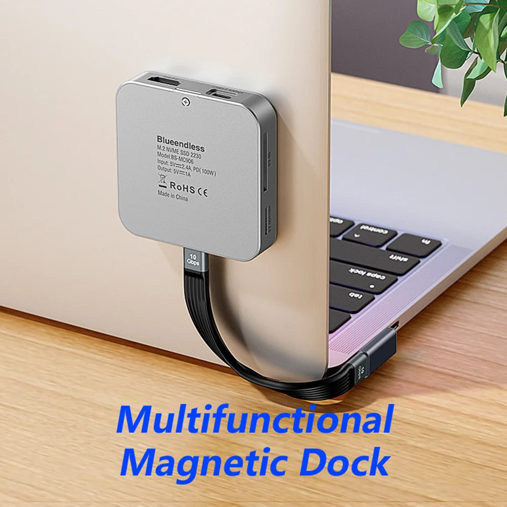 10Gbps M.2 Magnetic SSD Enclosure Docking Station Type-C USB3.2 Splitter 8in1 NVME Card Reader 4K HDMI For iPhone 17/16/15 Pro