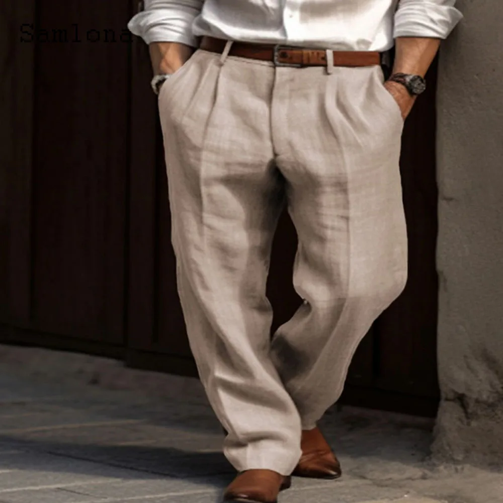 

Samlona 2024 Men Casual Straight Linen Pants Solid Khaki White Stand Pocket Trousers Plus Size Mens Elegant Fashion Sweatpants