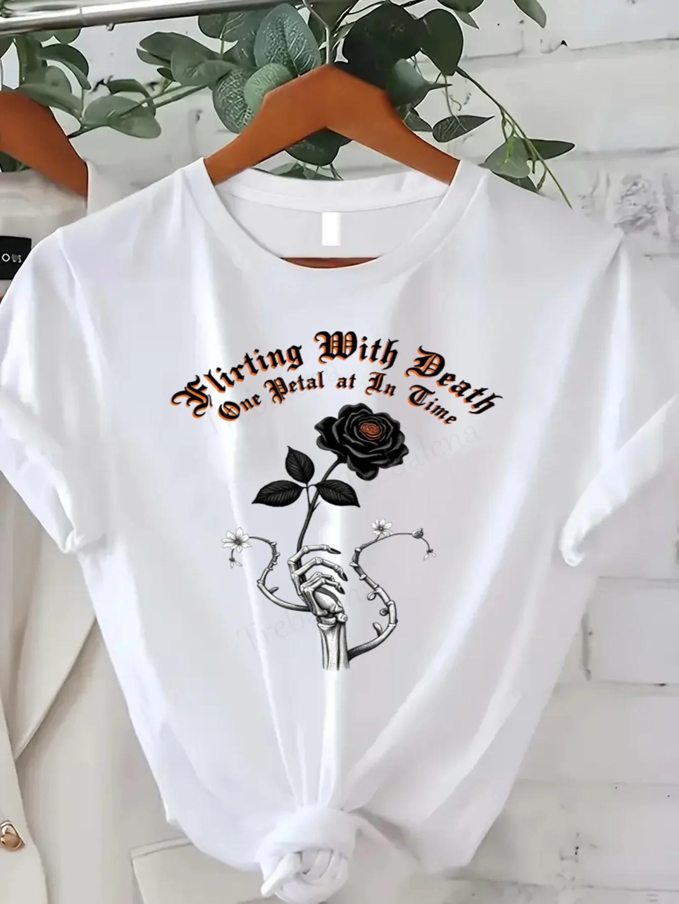 

Round Neck T-shirt Flirting With Death Rose Skeleton Hand Women's Plus Size T-Shirt Short Sleeve Tee Fashion Casual Top