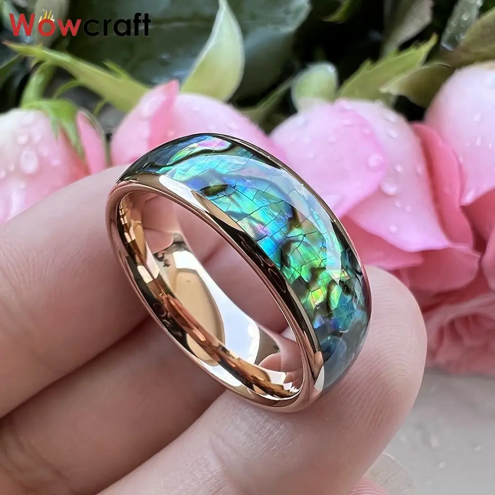 Rose Gold Tungsten Ring for Men Women Wedding Band Abalone Shell Inlay Polished Shiny Domed Comfort Fit