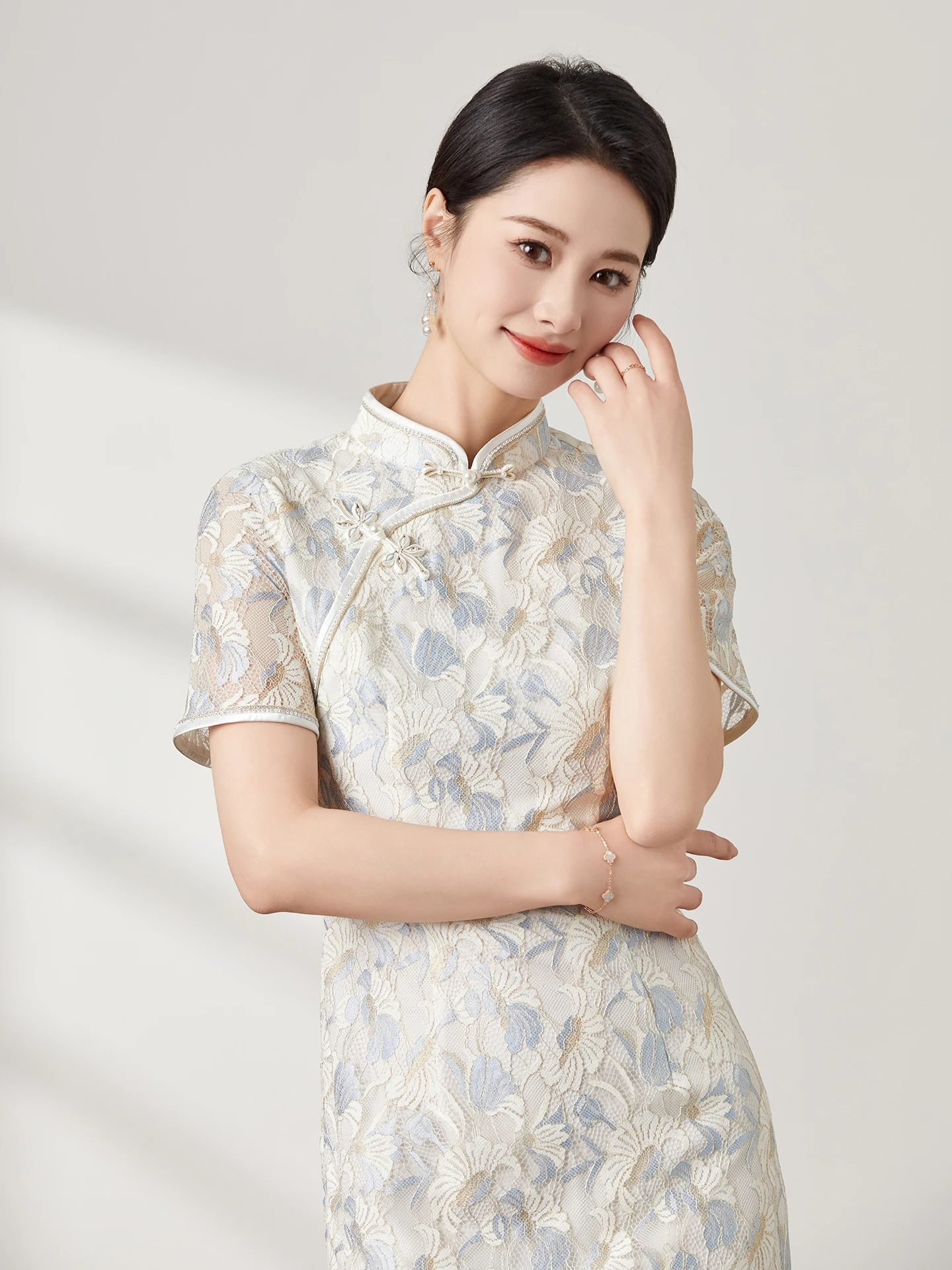 

Young Sle Reformed Chinese New Middle Length Dr Summer Daily Wear Retro Polyester Fiber ort Sve Pure Color