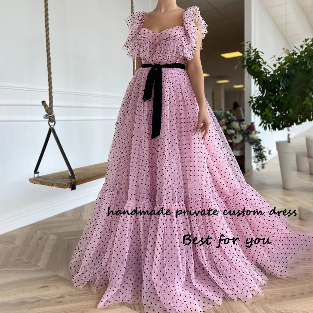 

Pink Black Dotted Tulle Fairy Evening Party Dress Ruffles Straps Sweetheart Prom Dress with Belt A Line Long Formal Gowns