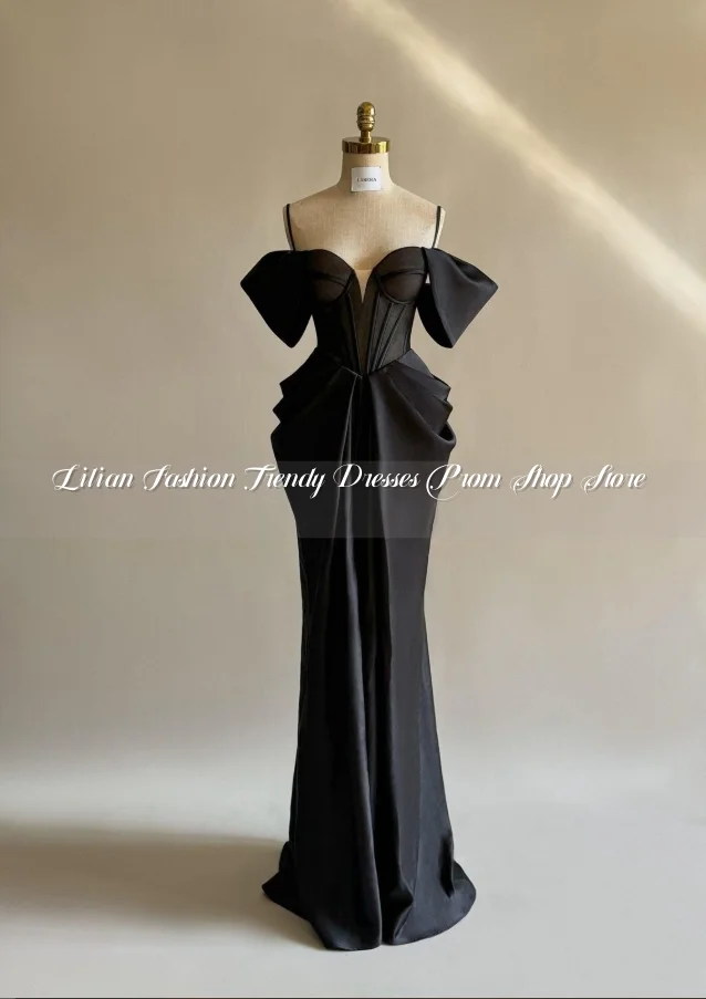 Elegant Black Strapless Halter Evening Dress For Women Stylish Satin Fishbone Corset Pleated Tailored Long Dress فساتين سهرة