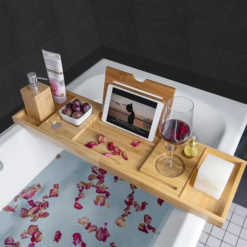 Spa Bathtub Extendable Bathtub Bamboo Tray Caddy Organizer Rack Book Wine Tablet Holder Nonslip Bottom Bath Tub Tray Shelf