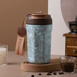 420ML Coffee Cup With Lifting Rope,Thermos Cup,Double Layer Pure Titanium Vacuum Flasks,Drinkware,Accompany Thermal Water Bottle