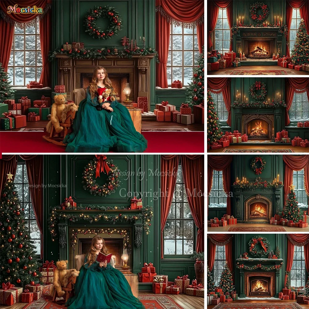 

3D Fireplace Room Background Photography Retro Window Red Curtains Xmas Tree Gift Backdrop Winter Kids Family Photo Studio Prop