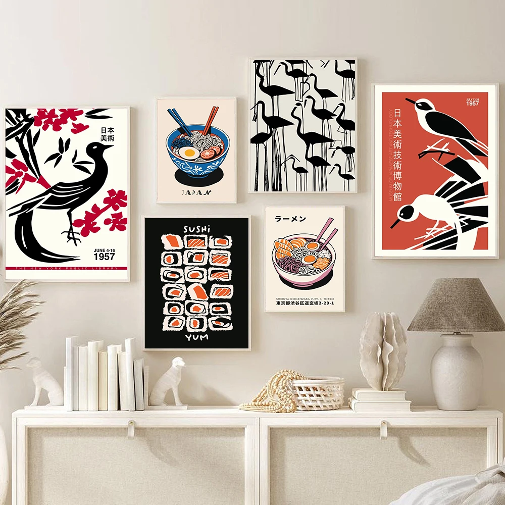 Póster Artístico Vintage de Japón Tokyo Ramen Bar, pintura de Sushi Ramen Animal, arte de pared, decoración de habitación Kawaii, lienzo Poste