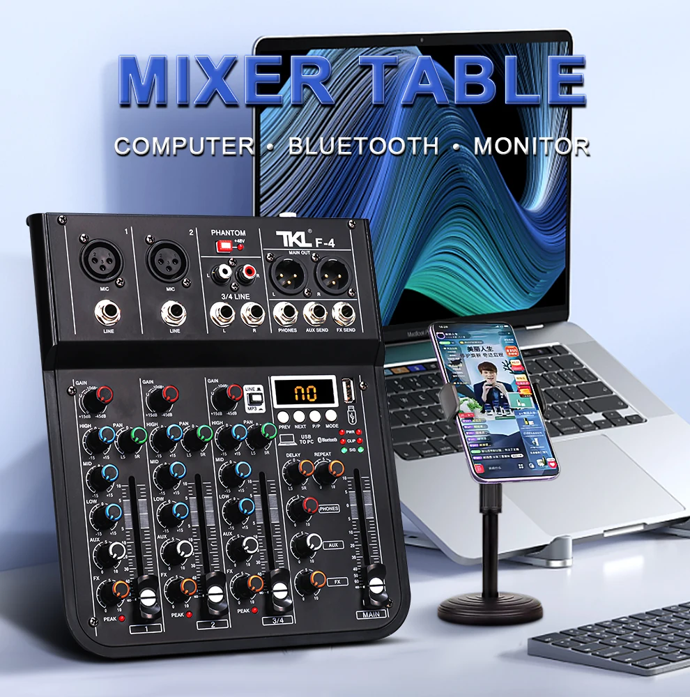 وحدة تحكم خلط الصوت الرقمية المحمولة ، وحدة تحكم دي جي احترافية ، 4 قنوات ، 48 فولت ، USB ، بلوتوث ، مسرح منزلي