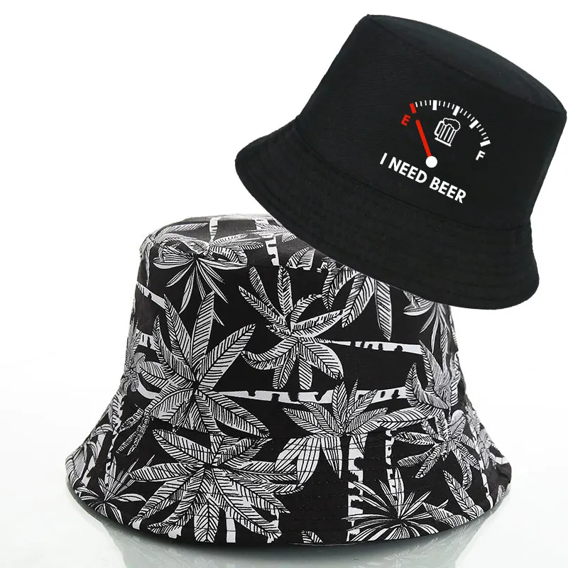 Fashion Palm Tree Reversible Fisherman Hat Summer I Need Beer Pattern Bucket Hat Unisex Outdoor Sprots Travel Sun Beach Hat Bob