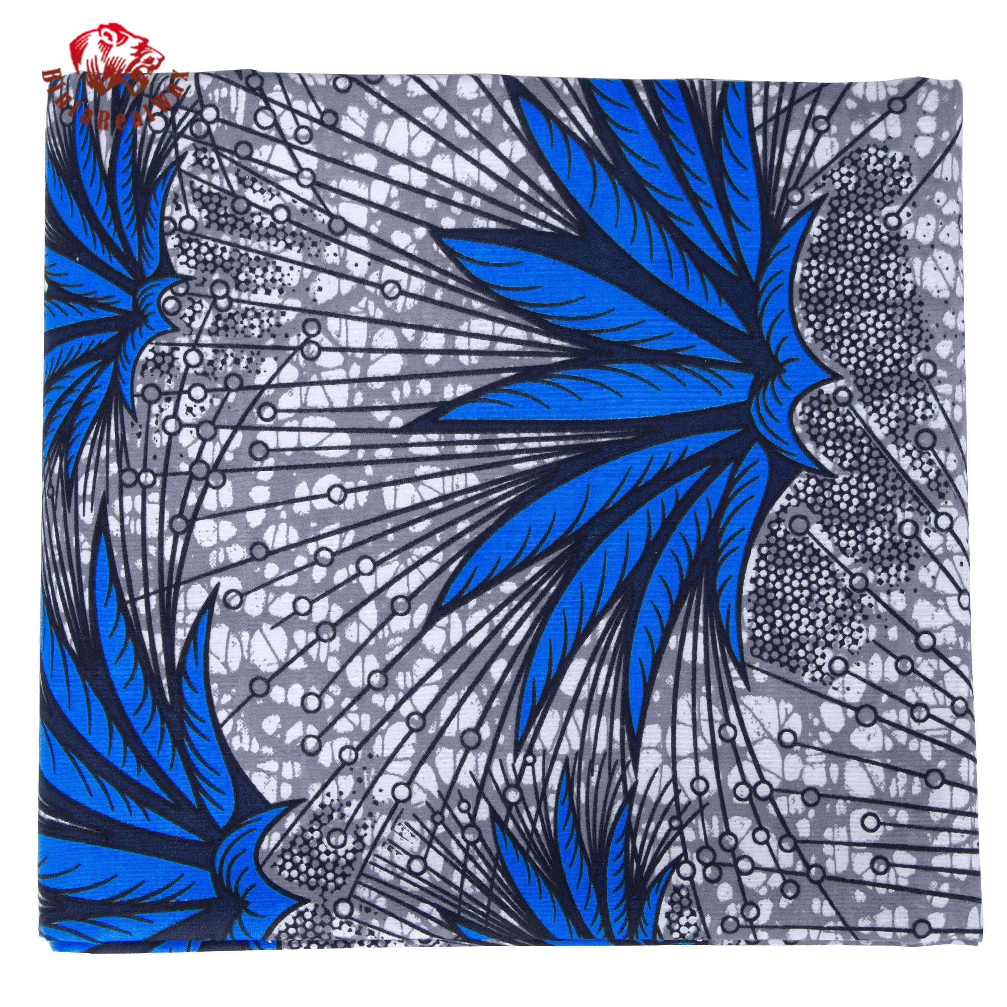 African Ankara Wax Print Fabric – Blue Floral Pattern with Gray Background,  for Dress, Skirt, Headwrap & DIY Sewing FP6704 view 6