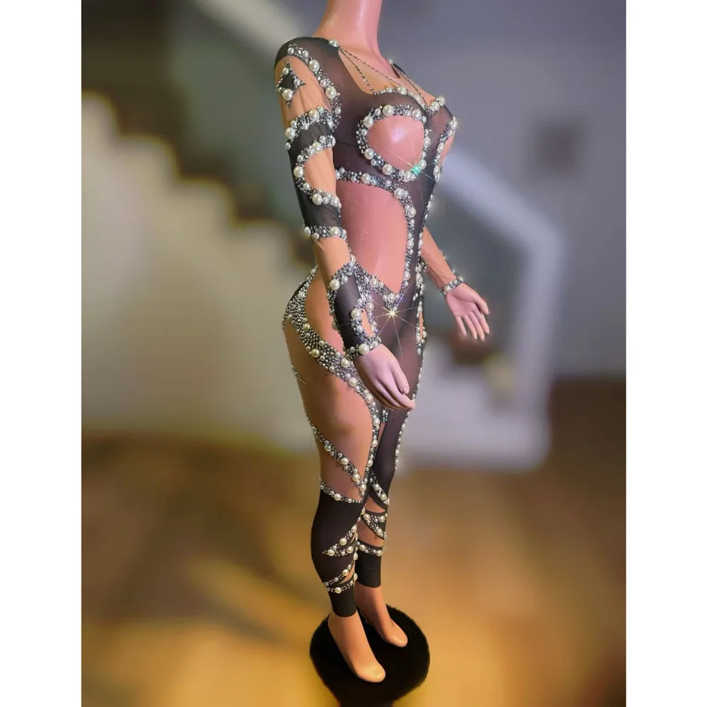 Hohe Qualität Sexy Mesh Perle Kristall Overall Frauen Nachtclub Party Sänger Tänzer Leistung Bühne Trikot Drag Queen Kostüm