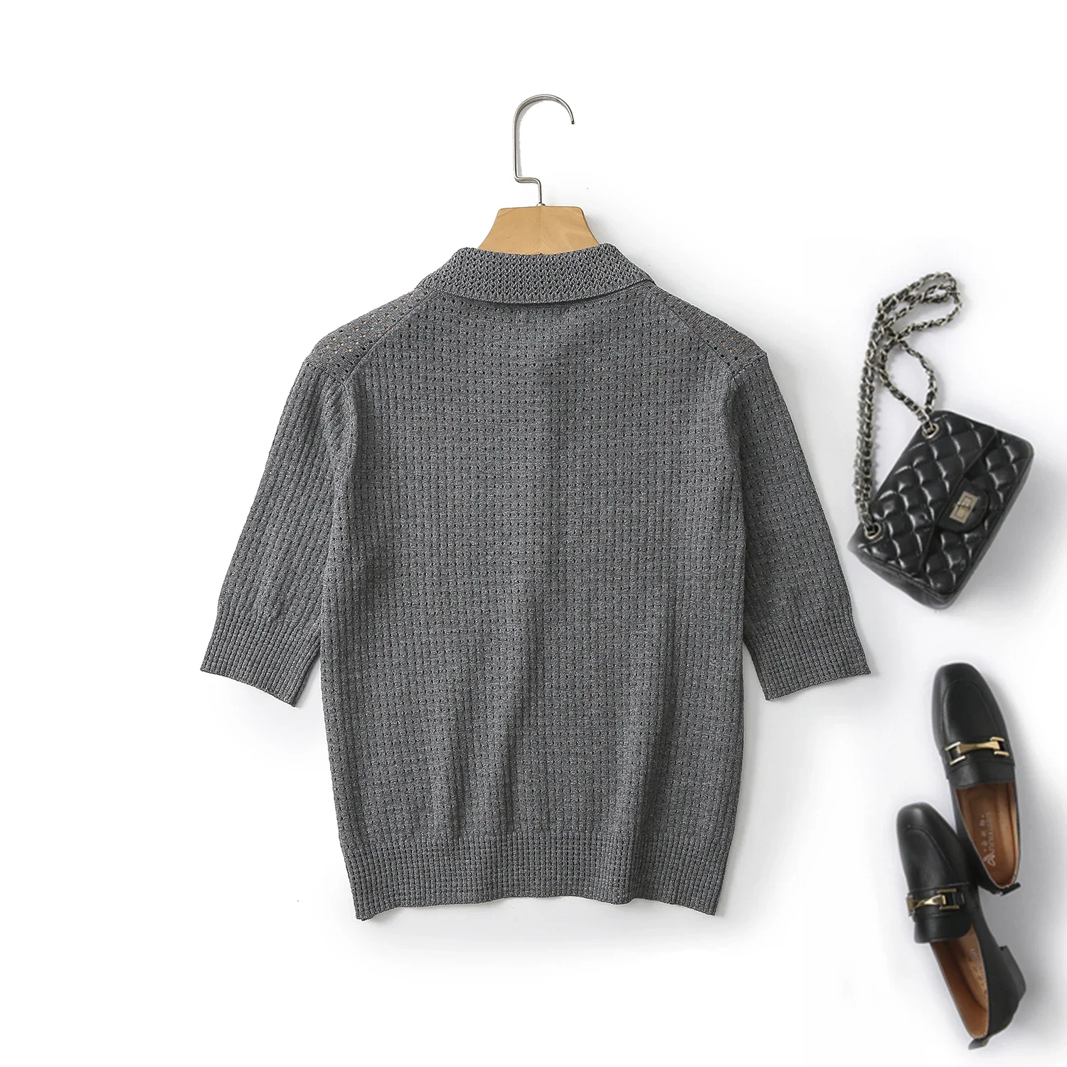 Ethereal MD 2026 YAZHIMEI new style of Women\'s casual Gray smart commuter hollowed out Polo neck five-quarter sleeve sweater