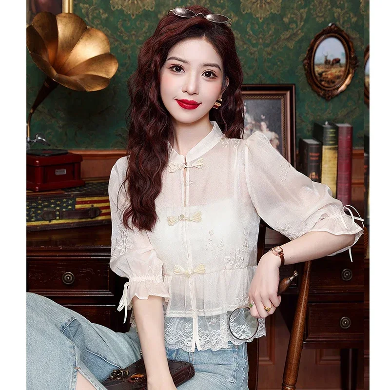 Summer Fashion Women Shirt Stand Collar Lace Chiffon Shirt Blouse Women Tops Blusas Mujer De Moda 2024 Verano Blusa Blusa H793