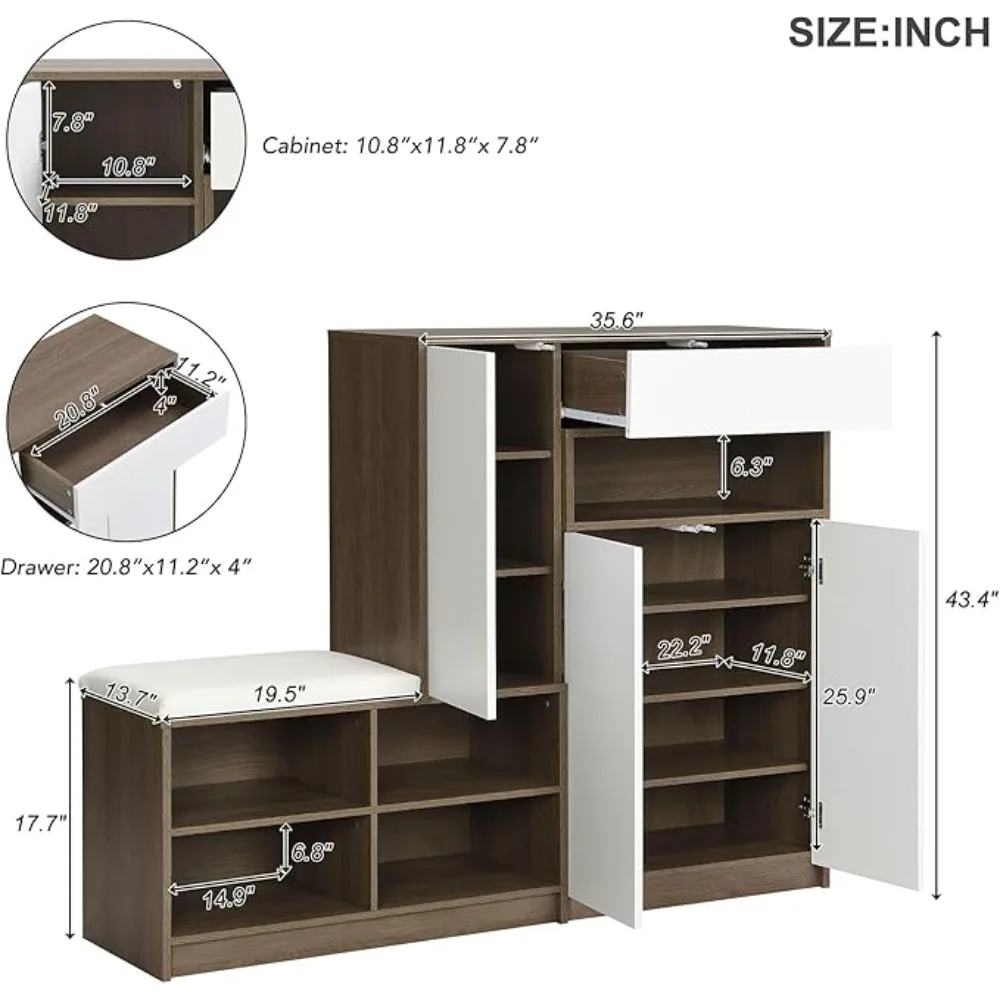 2-in-1 Shoe Storage Bench and Cabinets,Multi-Functional Freestanding Shoe Rack,Adjustable Shelves,with Padded Seat,Easy Assmebly