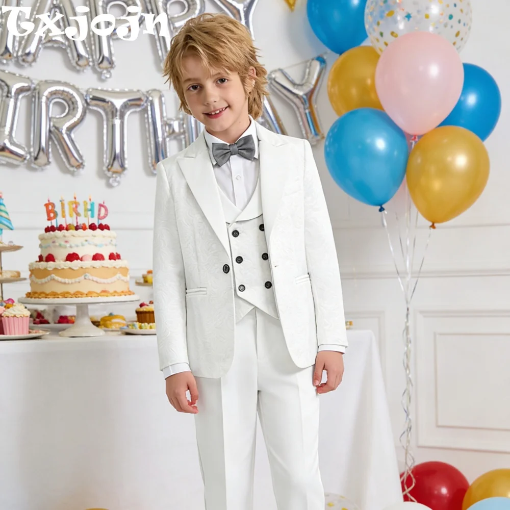 

Элегантный жаккардовый костюм, комплект из 4 предметов, одежда для выступлений на фортепиано, красивый вечерний смокинг с лацканами для детей, костюмы с длинными рукавами, От 3 до 14 лет