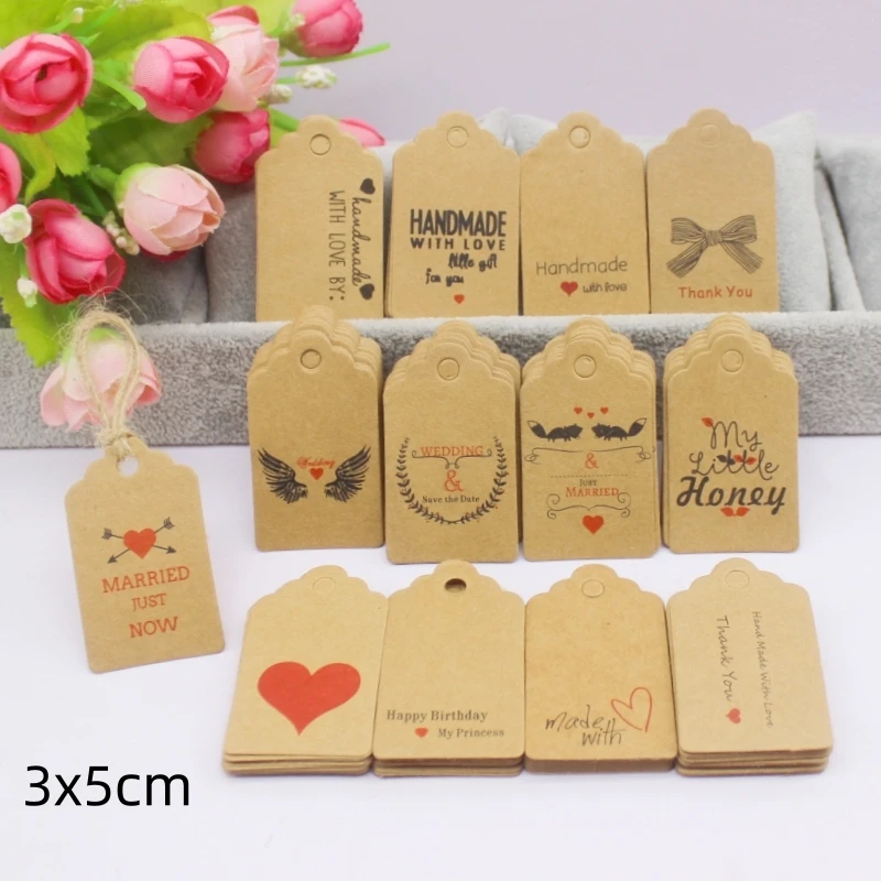 100szt+100strun 3x5cm biały/papier pakowy.Dziękujemy za ręcznie wykonanie zawieszki etykiety — zdjęcie 3