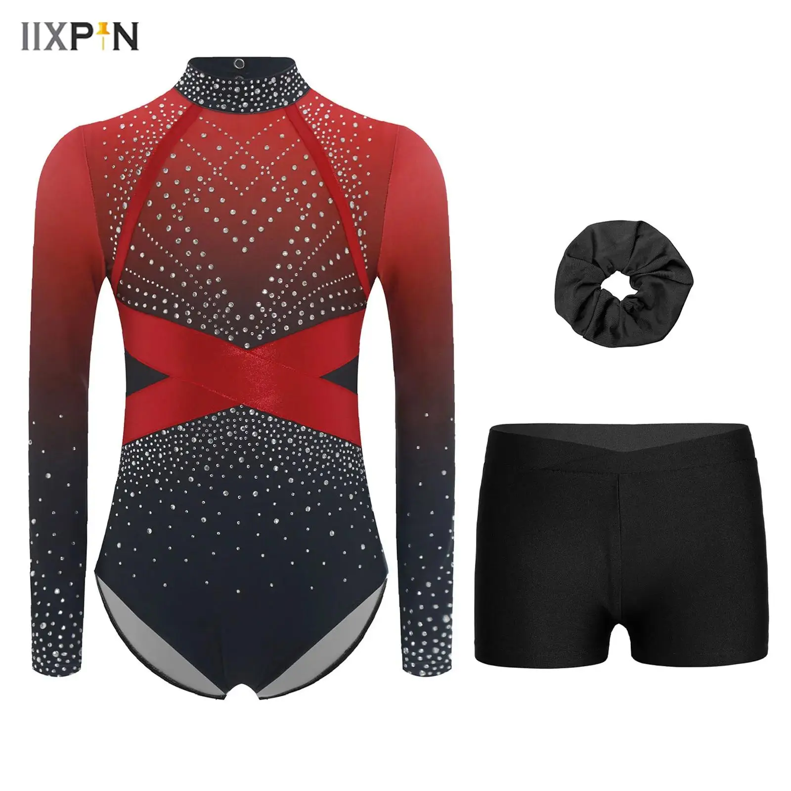 

Kids Girls Figure Ice Skating Dance Outfits Long Sleeve Shiny Rhinestone Color Block Leotard+Shorts+Hairband Gymnastics Leotards