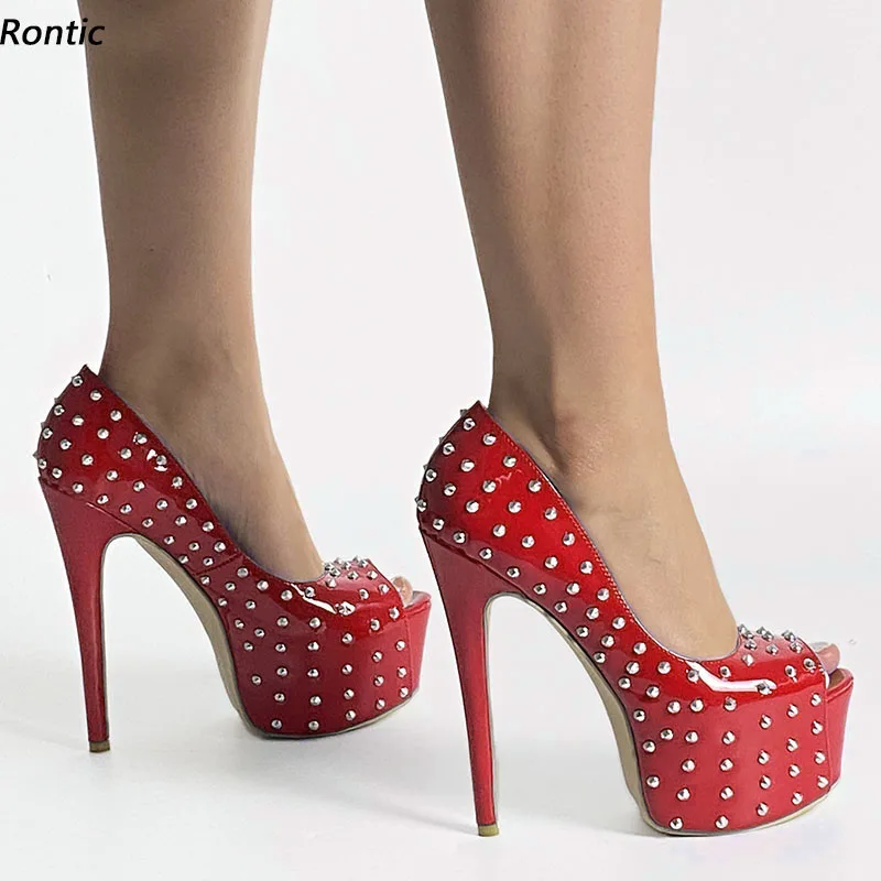 

Rontic Handmade Women Platform Pumps Sexy Studded Stiletto Heels Peep Toe Pretty Blue Pink Red Cosplay Shoes Women US Size 5-20