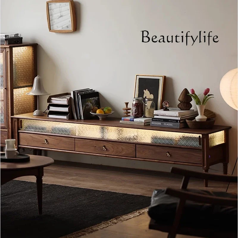 

YX Simple Glass Black Tv Cabinet Wooden Drawers Storage Showcase Light Tv Stand Universal Designer Walnut Fernsehen Tisch Furnit