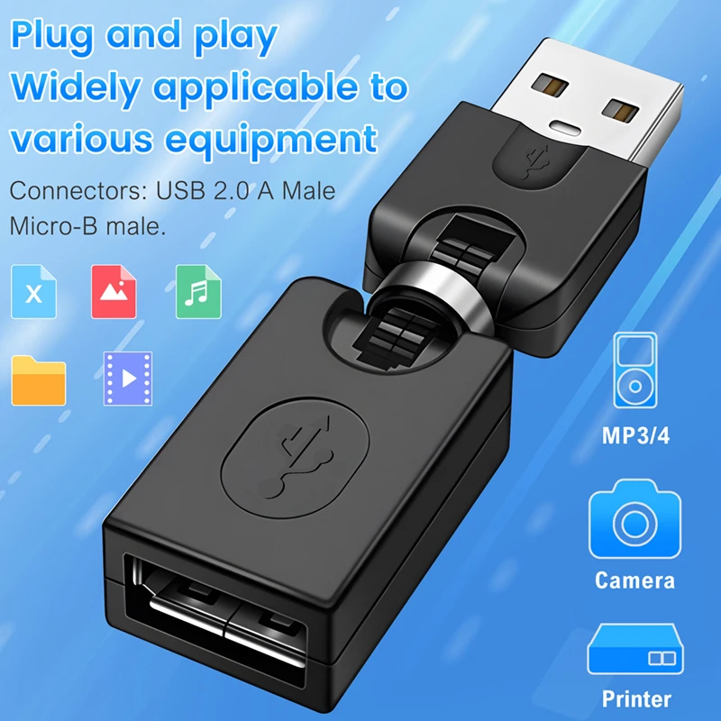 USB 2.0 Male to Female 360 Degree Rotation Angle Extension Adapter Black