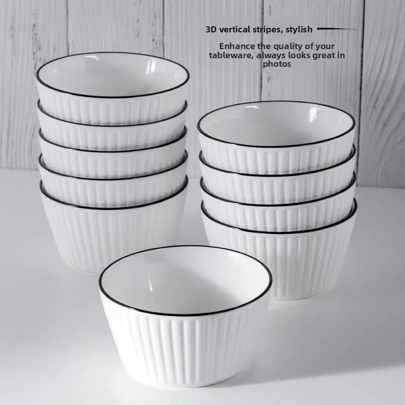 

5-Inch Ceramic Bowl Creative Salad Fruit Soup Bowl Vertical Stripe Design Dining Utensils Home Use Large Capacity Rice Bowl