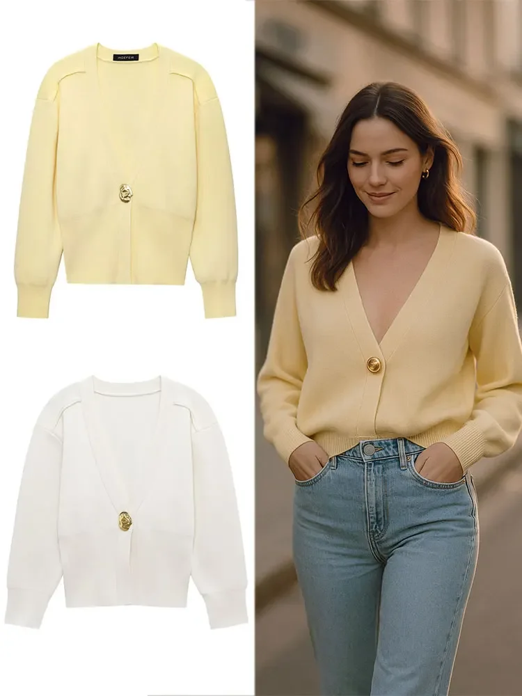 

V Neck Long Sleeve Golden Button Sweaters Solid Simple Office Lady Outerwear Chic Tops Women Casual Knitted Cardigan