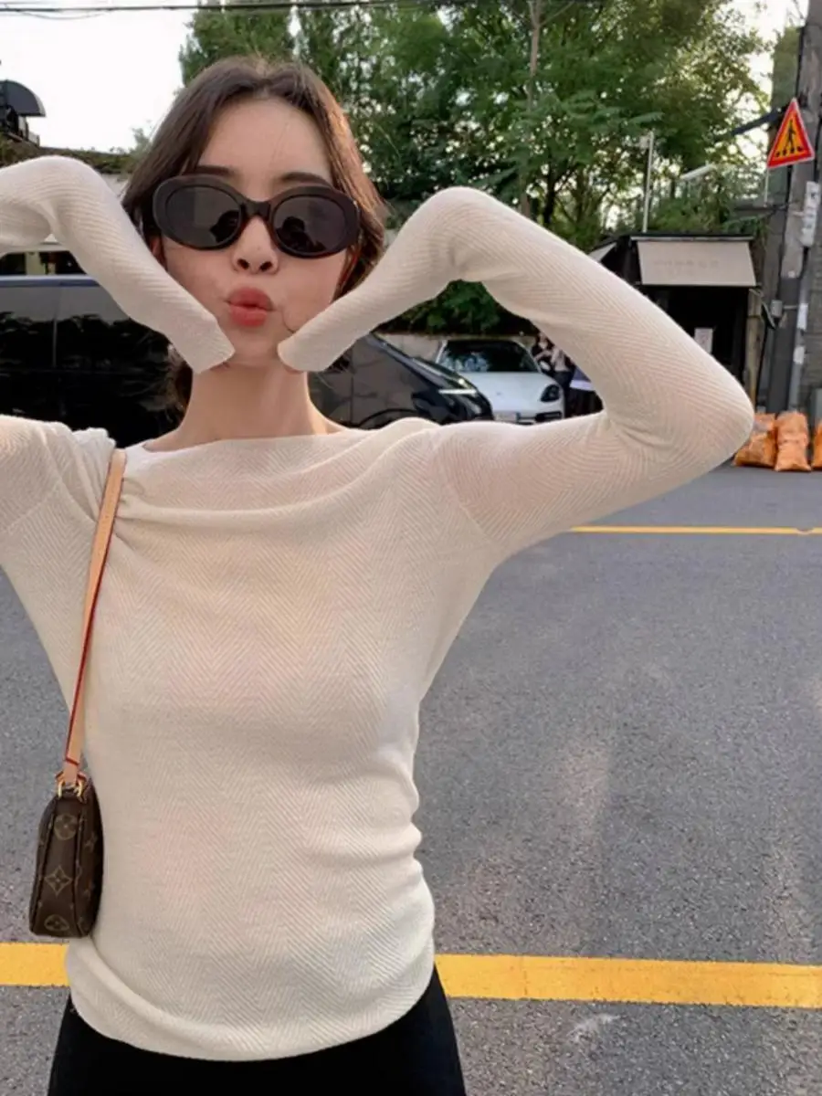 

Spring Dongdaemun Boat Ne Fibone Pattern Knitted Sweater Women's Slim Fit Soft Skin-friendly Base Layer Top