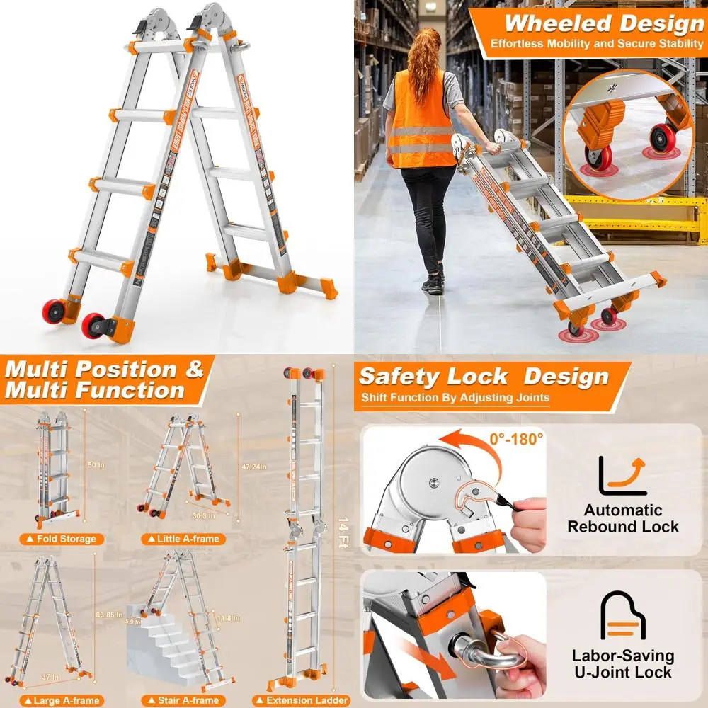 14FT Folding Extension Ladder with Wheels and Stabilizer Bar - 330lb Load Capacity, Multi-Position Telescoping A-Frame Ladder fo