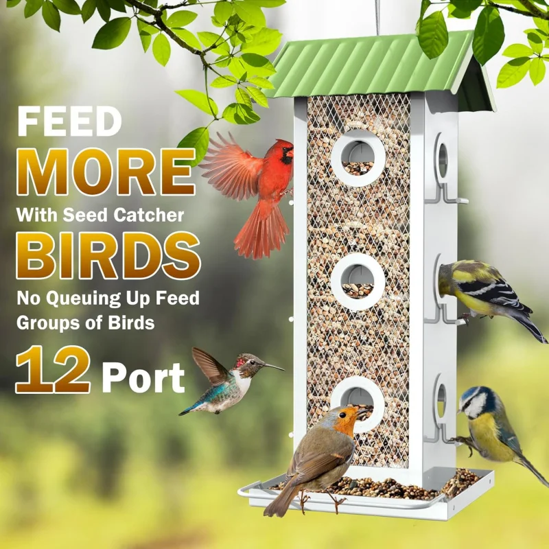 吊り下げ式鳥用フィーダー、金属製、耐候性屋根と種子トレイ付き12ポートフィンチフィーダー、容量2.8ポンド アザミB
