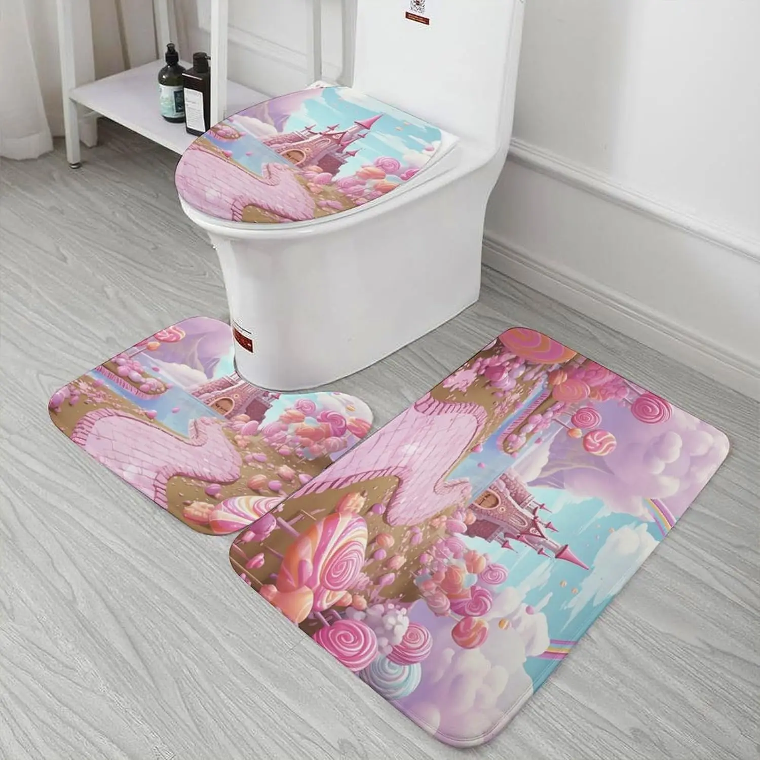 3 Piece Bath Rug Set Non Slip Absorbent Bath Mat Contour Mat with Toilet Lid Cover Candy Land Soft Floor Mats for Bathroom