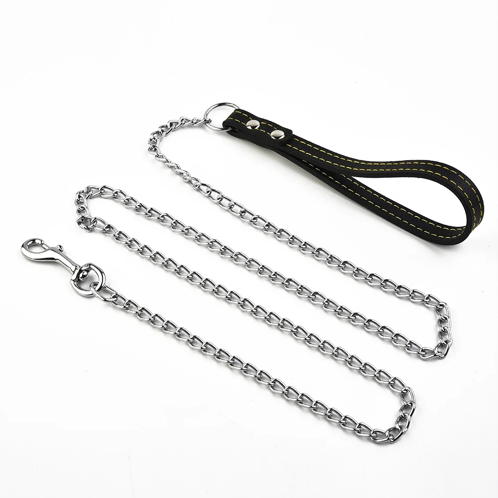 Metal Chain Dog Leash Leather Handle dog collar Dog walking rope Pets Supplies Durable strong control