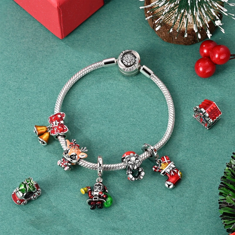 S925 Sterling Silver Christmas Charms Snowman Gingerbread House Reindeer Bell Dangle Beads DIY Bracelet Jewelry Women Xmas Gift