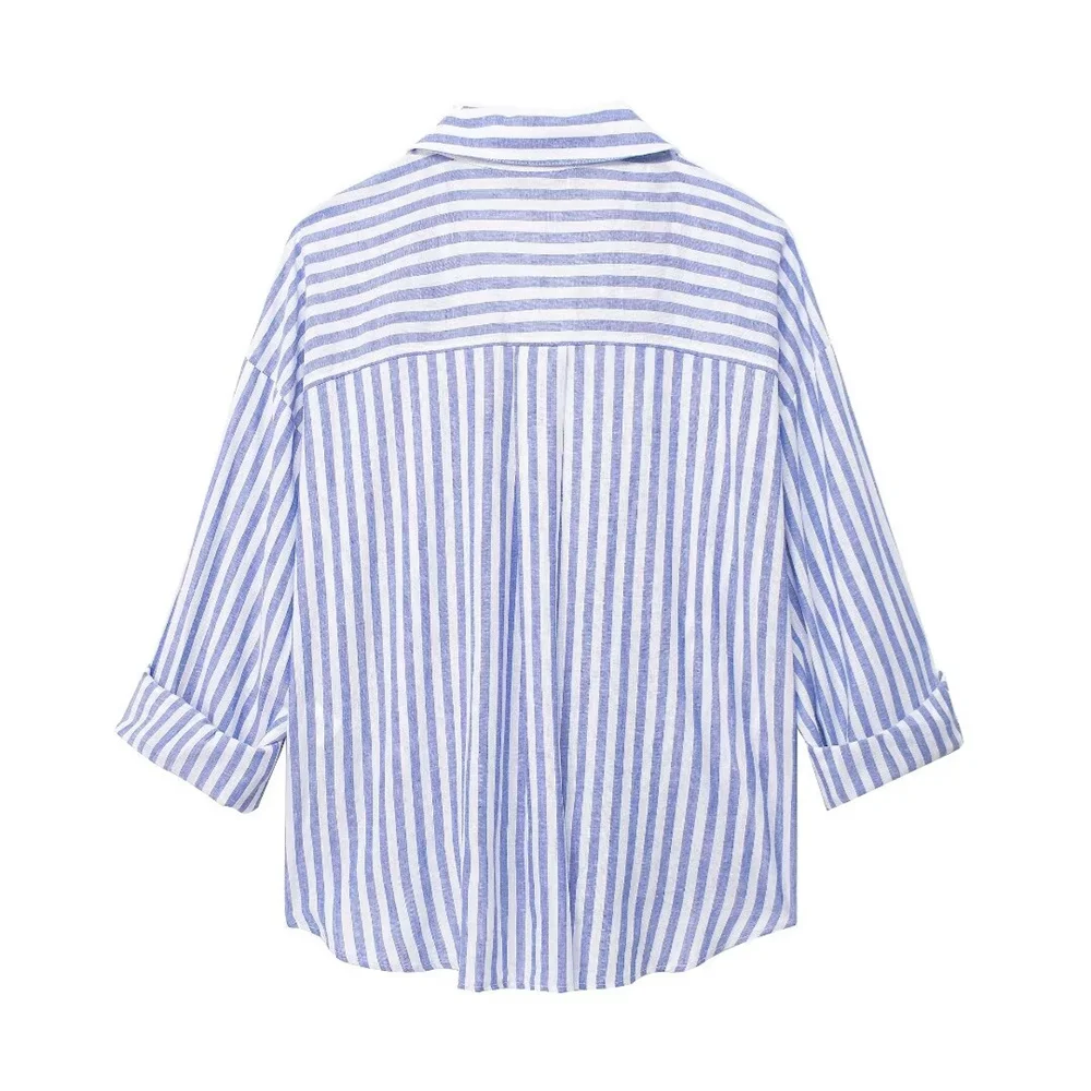 PB&ZA2024 Summer New Product Women\'s Wear European and American Style Casual Stripe Shirt Single breasted Top