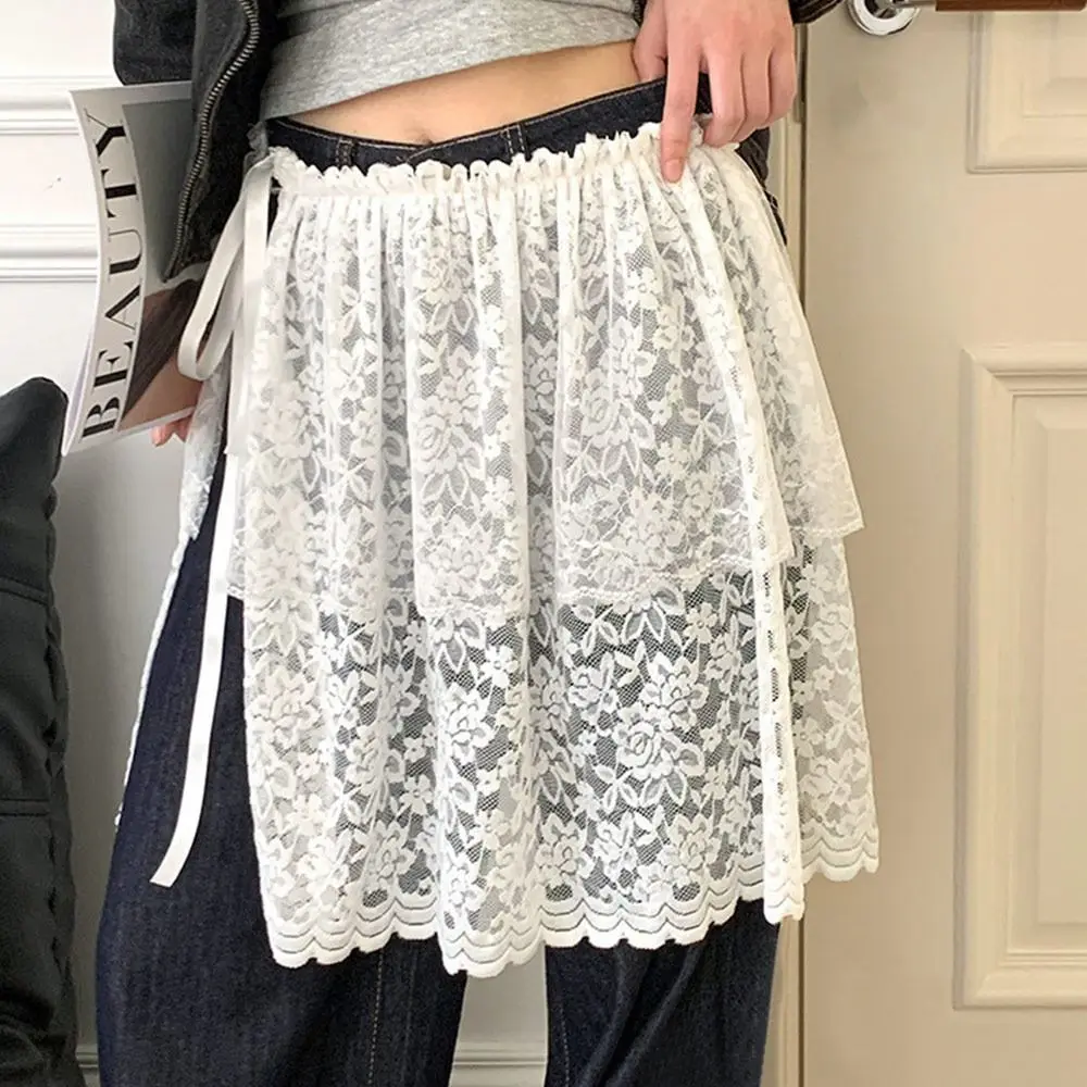 

Модная мини-юбка с вышивкой цветов и кружевом, двухслойная, с кружевной отделкой, прозрачная, короткая, с декором под джинсы