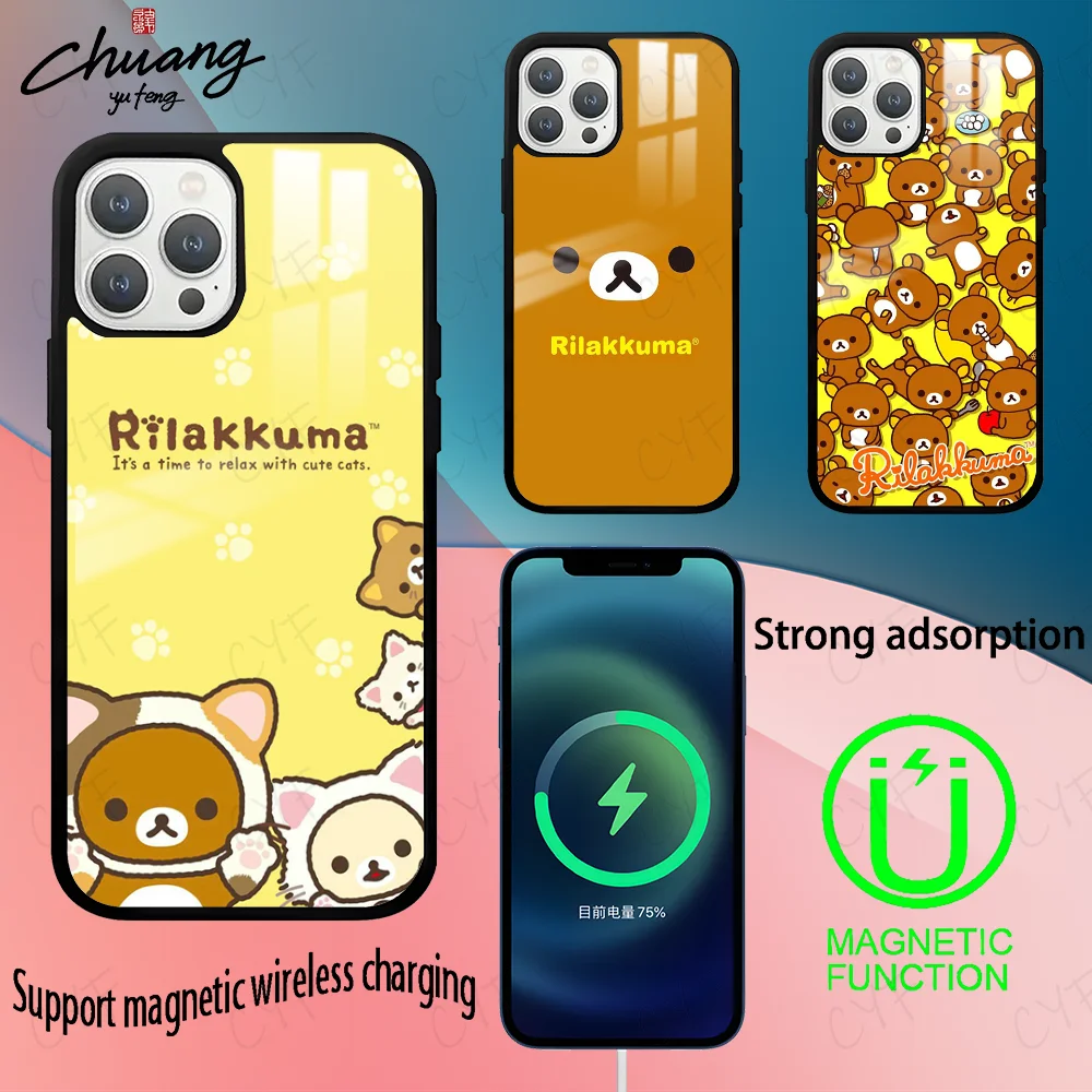 Anime Cute Cartoon R-Rilakkuma Phone Case For iPhone 16 15 14 13 12 11 Pro Max Plus Mini Magsafe Mirror Wireless Magnetic Cover